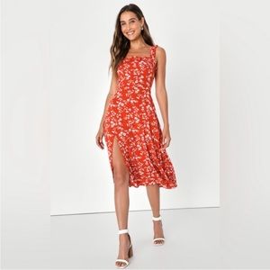 Lulus garden date red orange floral ruffle strap midi sundress